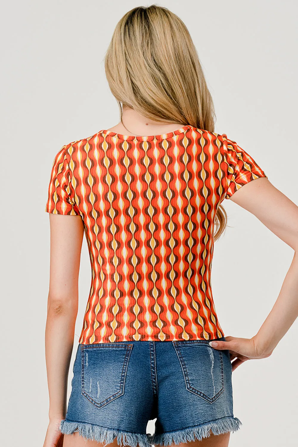 Rib Knit T-Shirt Tops With Henley V-Neck - Orange Geometric