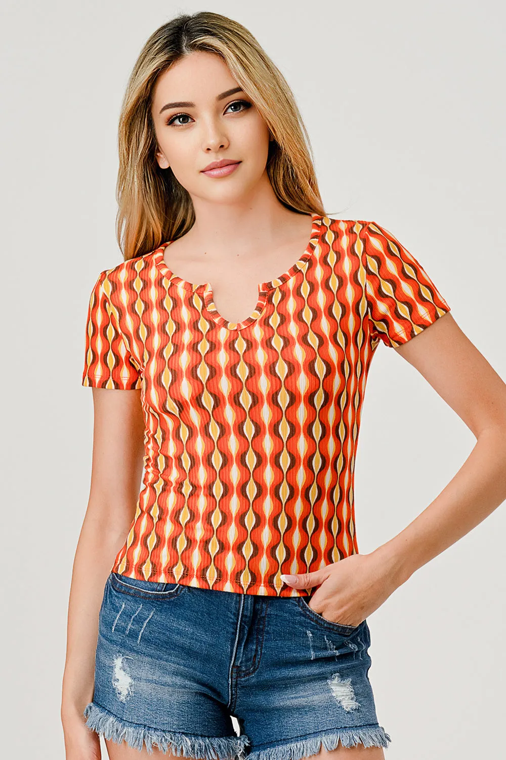 Rib Knit T-Shirt Tops With Henley V-Neck - Orange Geometric