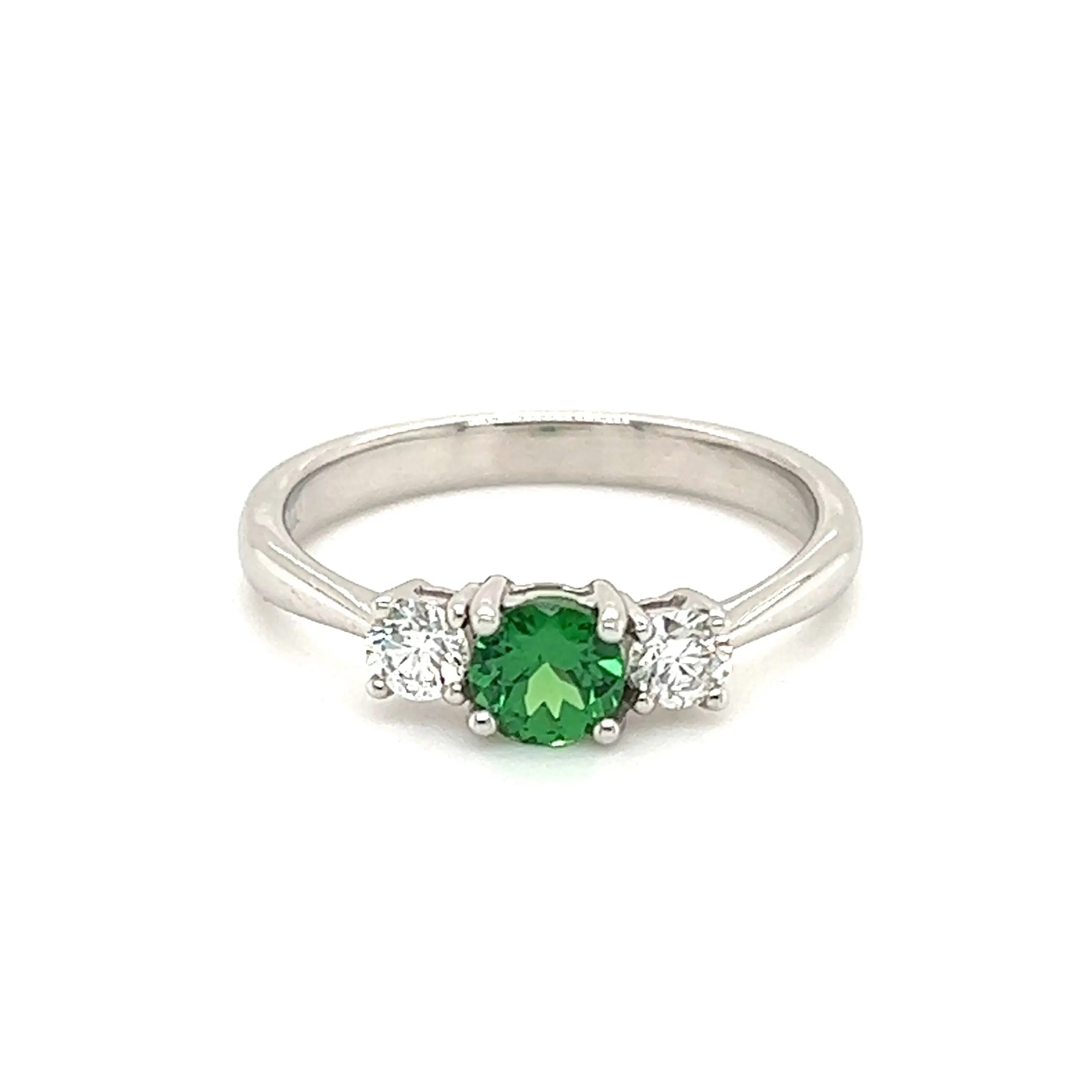 Round Tsavorite Ring with Two Side Diamonds in 14K White Gold