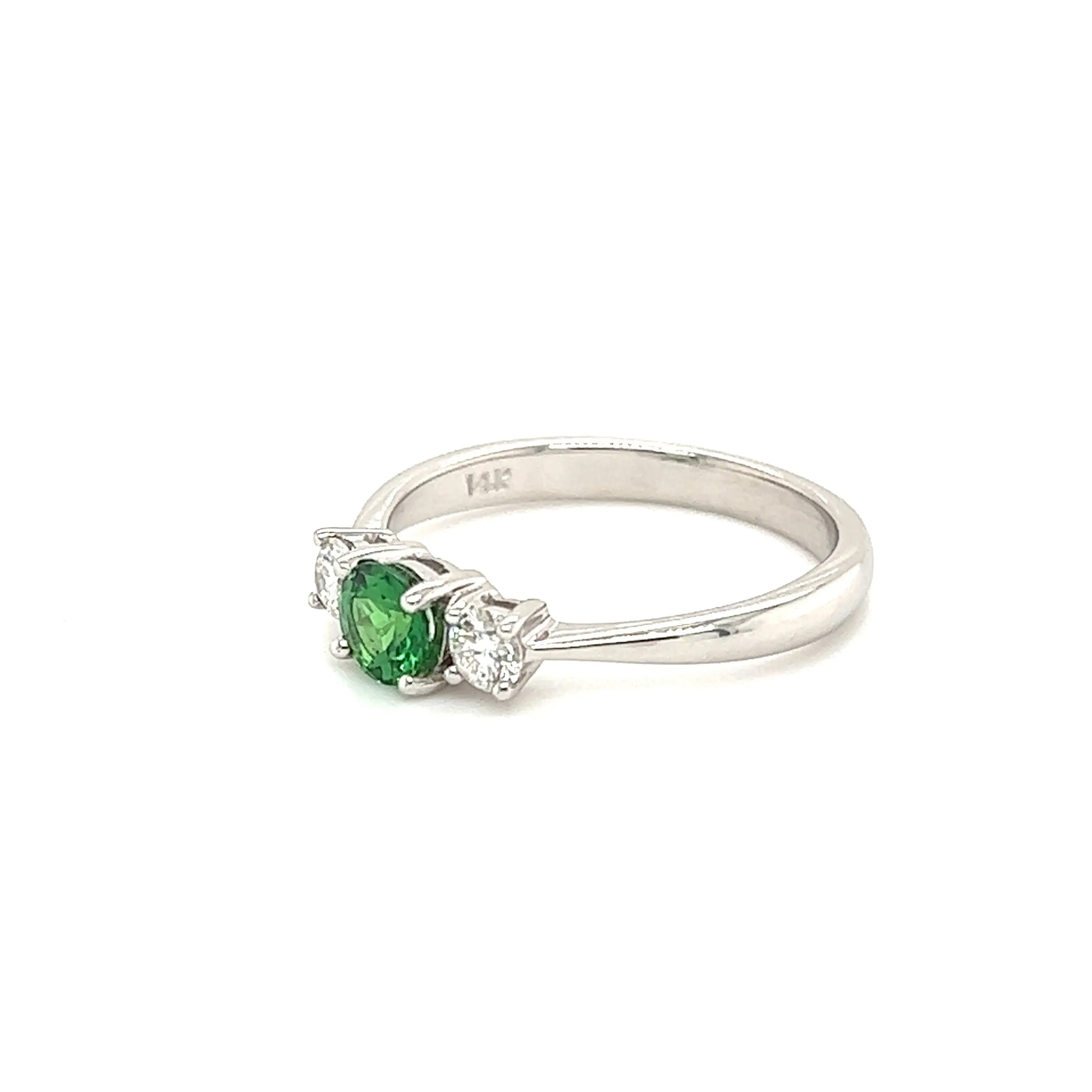 Round Tsavorite Ring with Two Side Diamonds in 14K White Gold