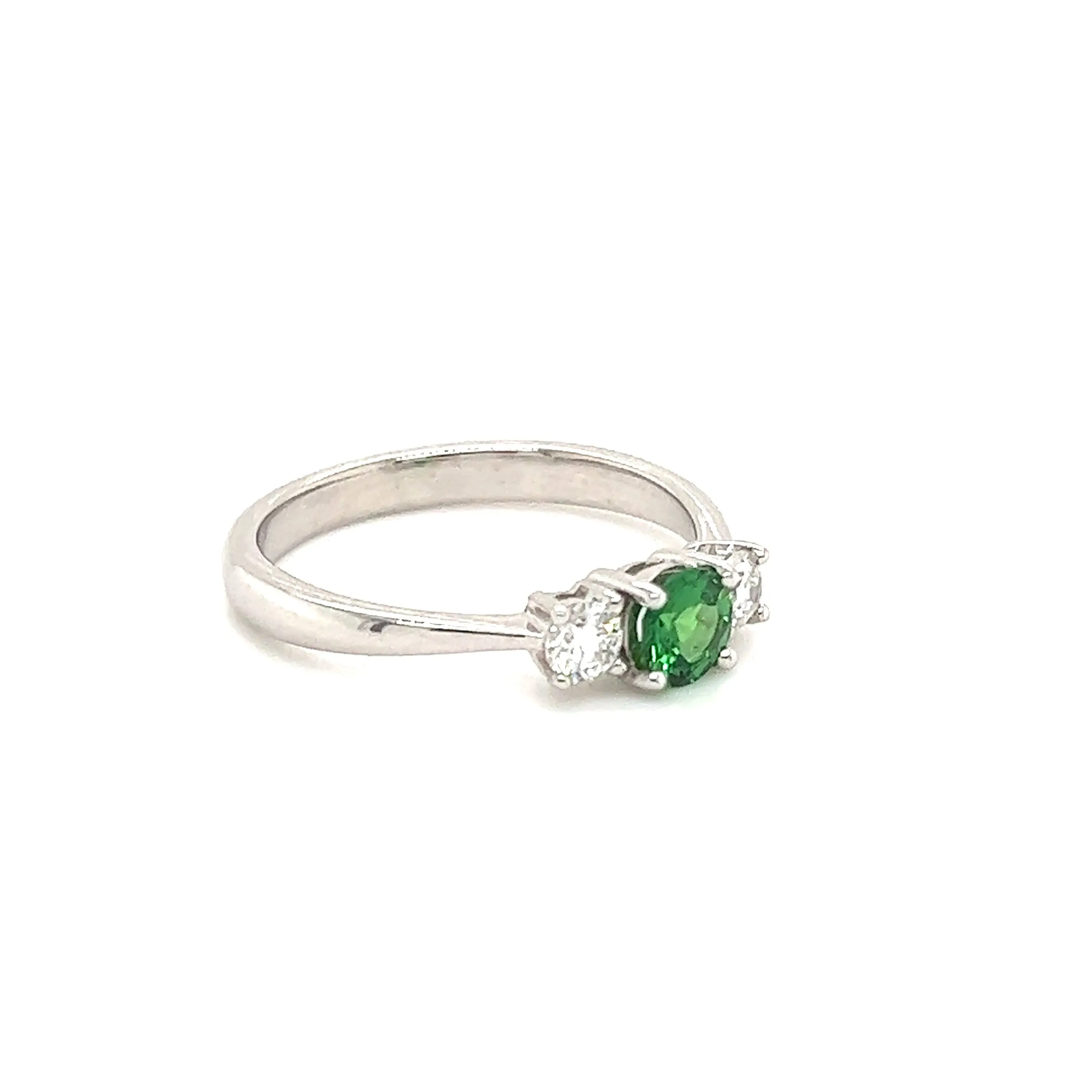 Round Tsavorite Ring with Two Side Diamonds in 14K White Gold