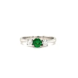 Round Tsavorite Ring with Two Side Diamonds in 14K White Gold