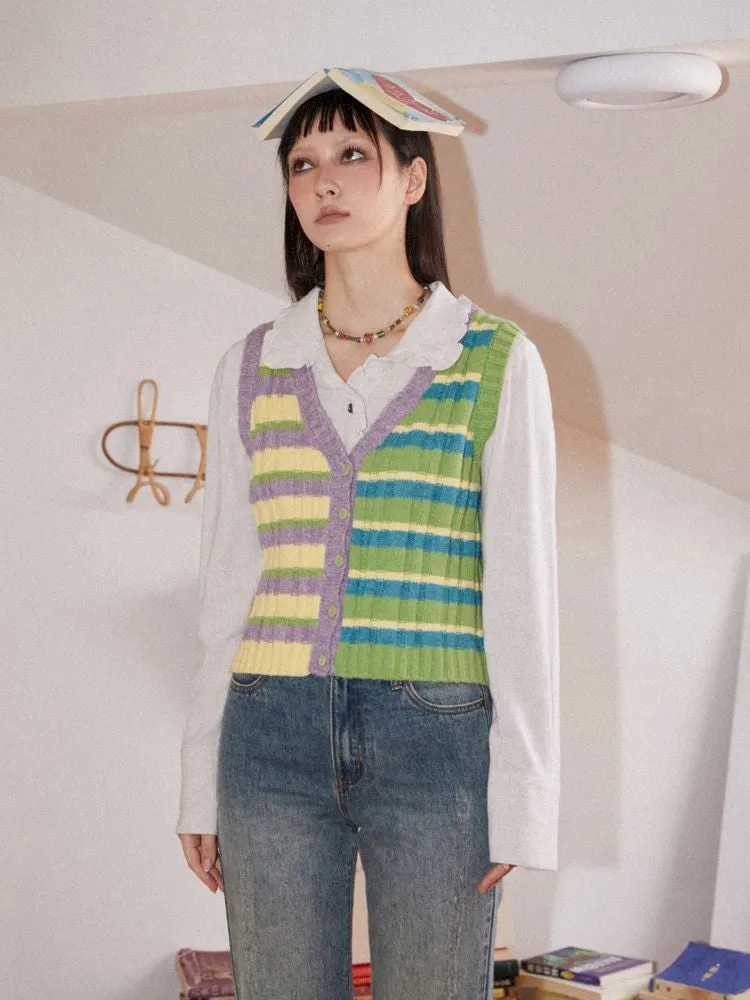 Striped Layered Knit Cardigan Vest【s0000010103】