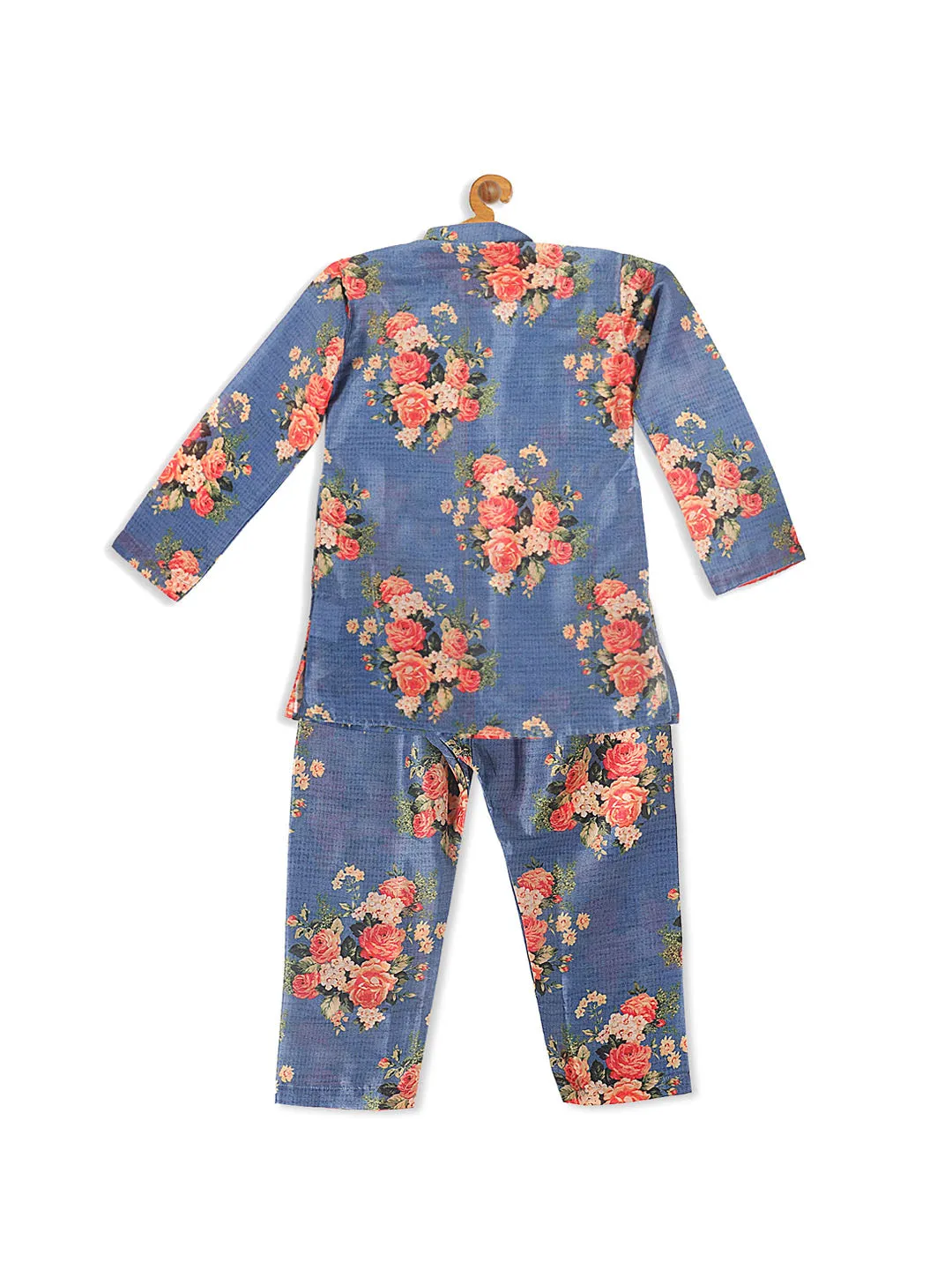 VASTRAMAY Boy's Blue Floral Printed Kurta With Pyjama Set