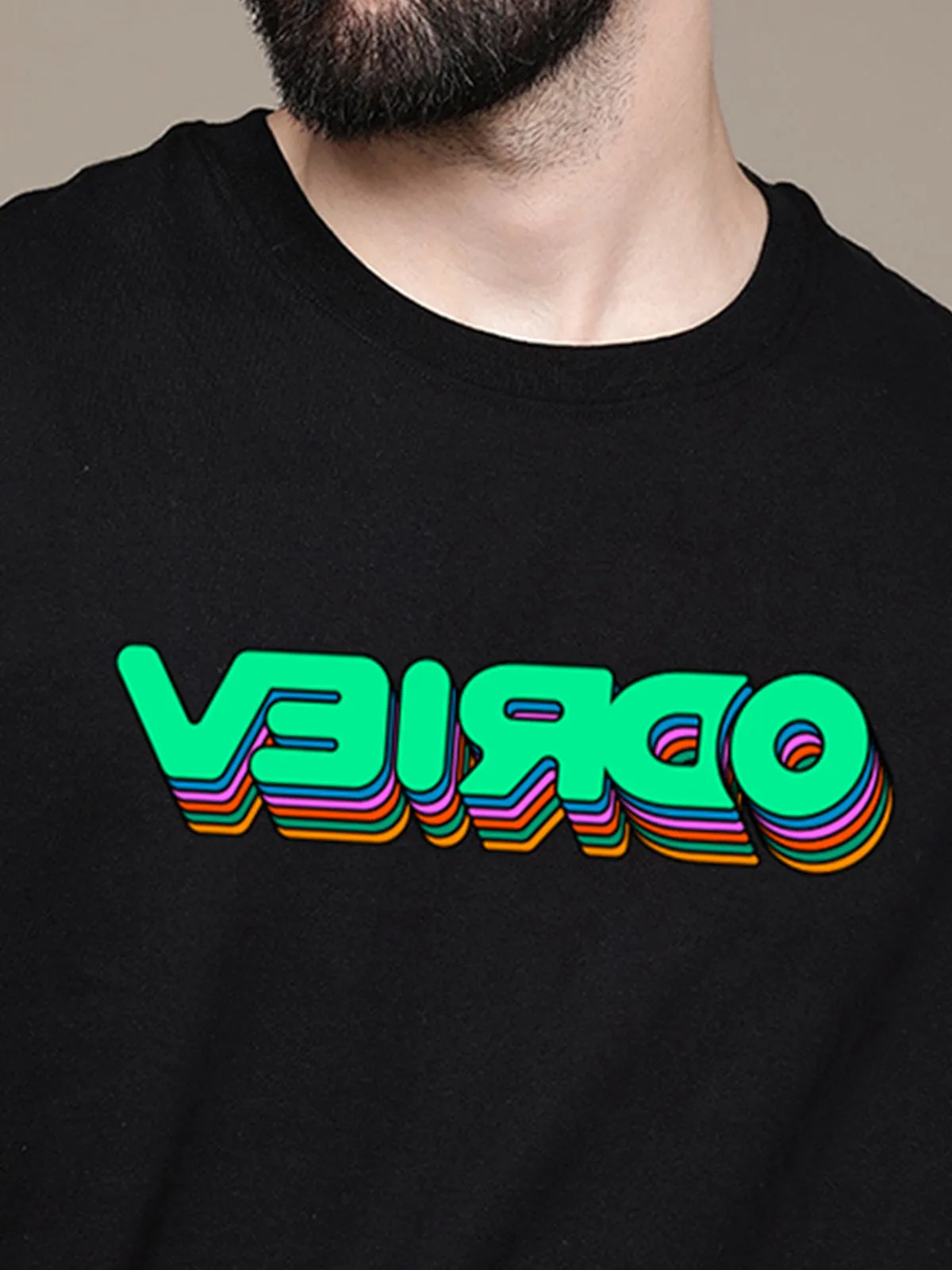 VEIRDO Black Oversized Front Graphic Printed Tshirt