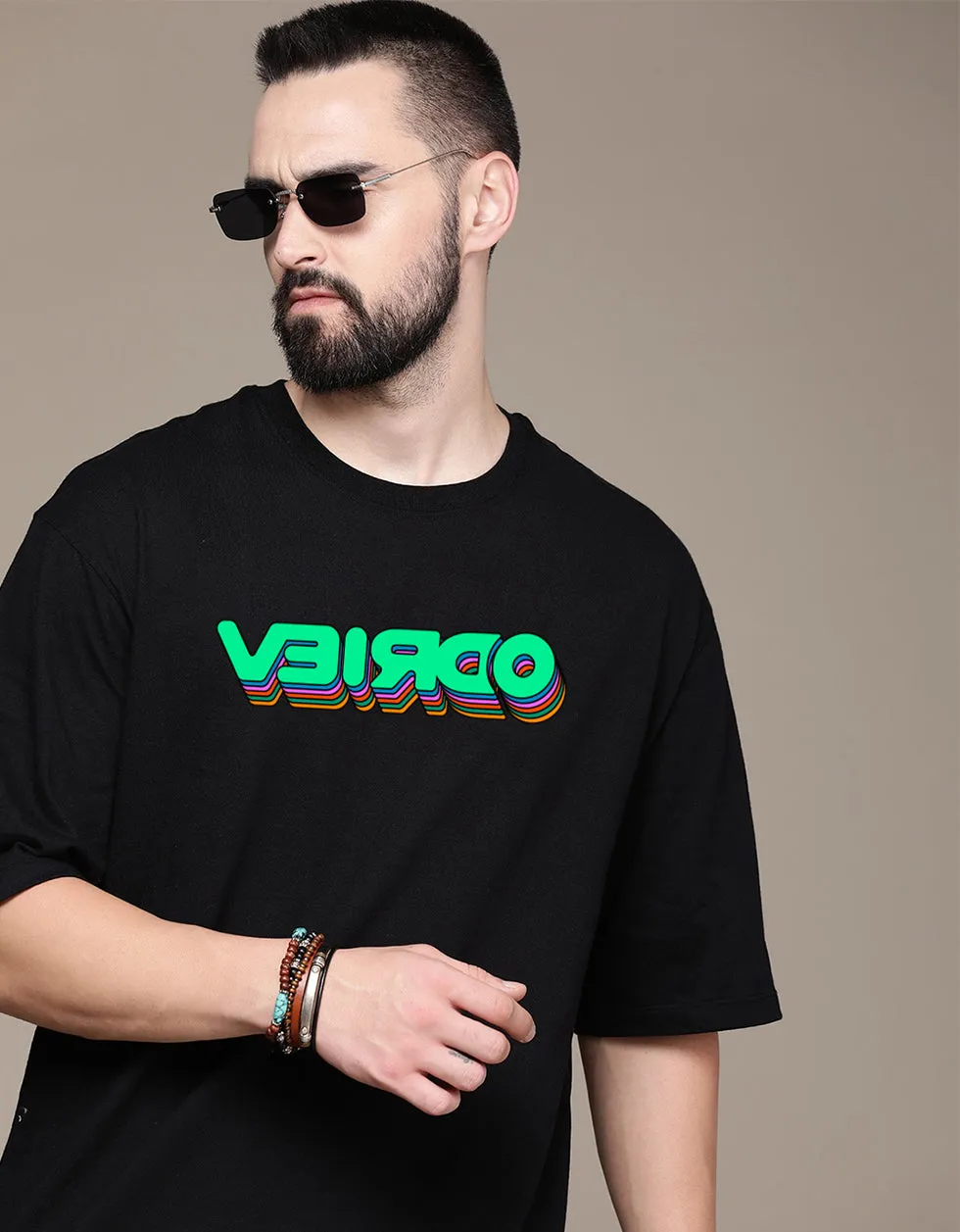 VEIRDO Black Oversized Front Graphic Printed Tshirt