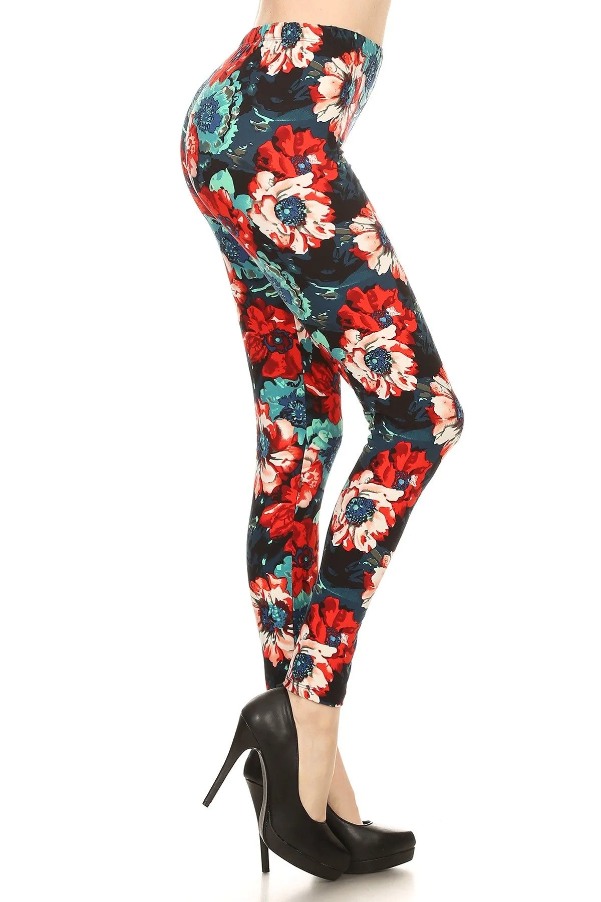 Women's 3 X 5X Red Blue Rose Pattern Printed Leggings