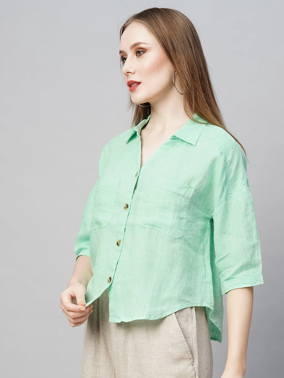 Women's Green Linen Loose Fit Blouse