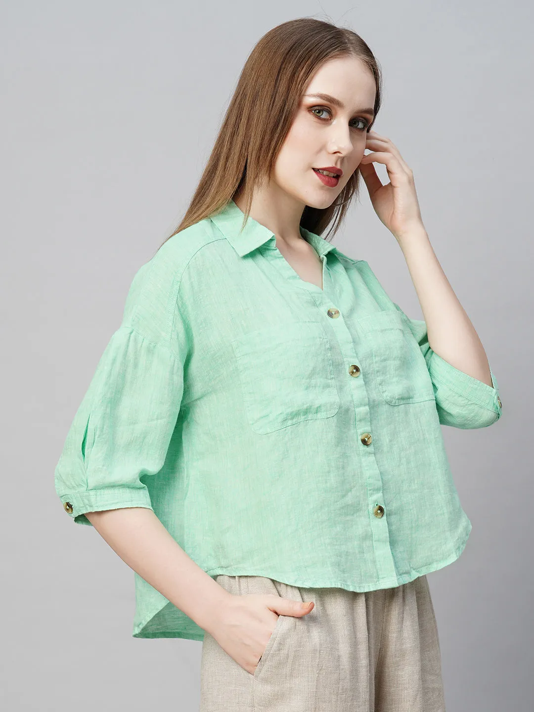 Women's Green Linen Loose Fit Blouse