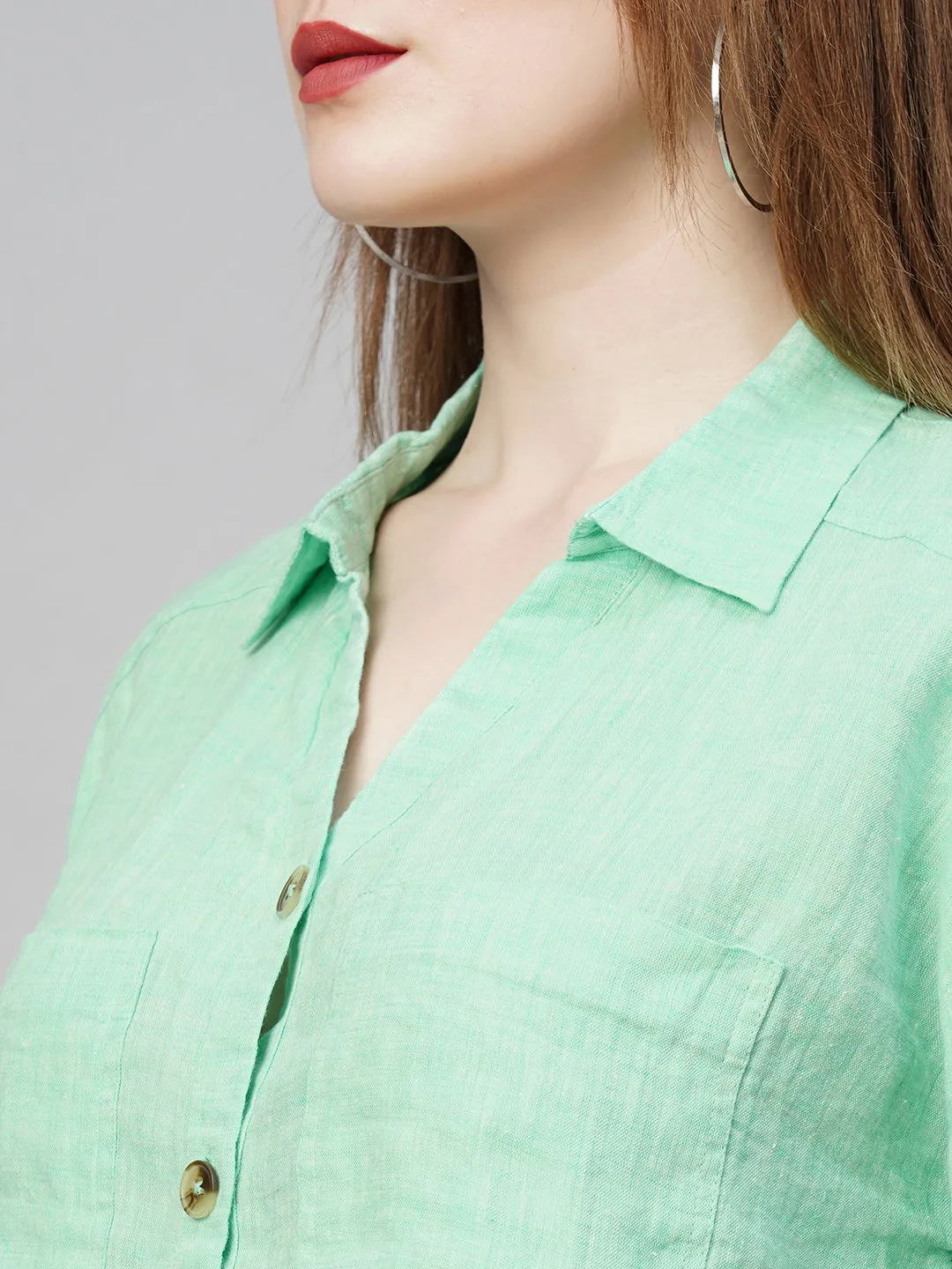 Women's Green Linen Loose Fit Blouse