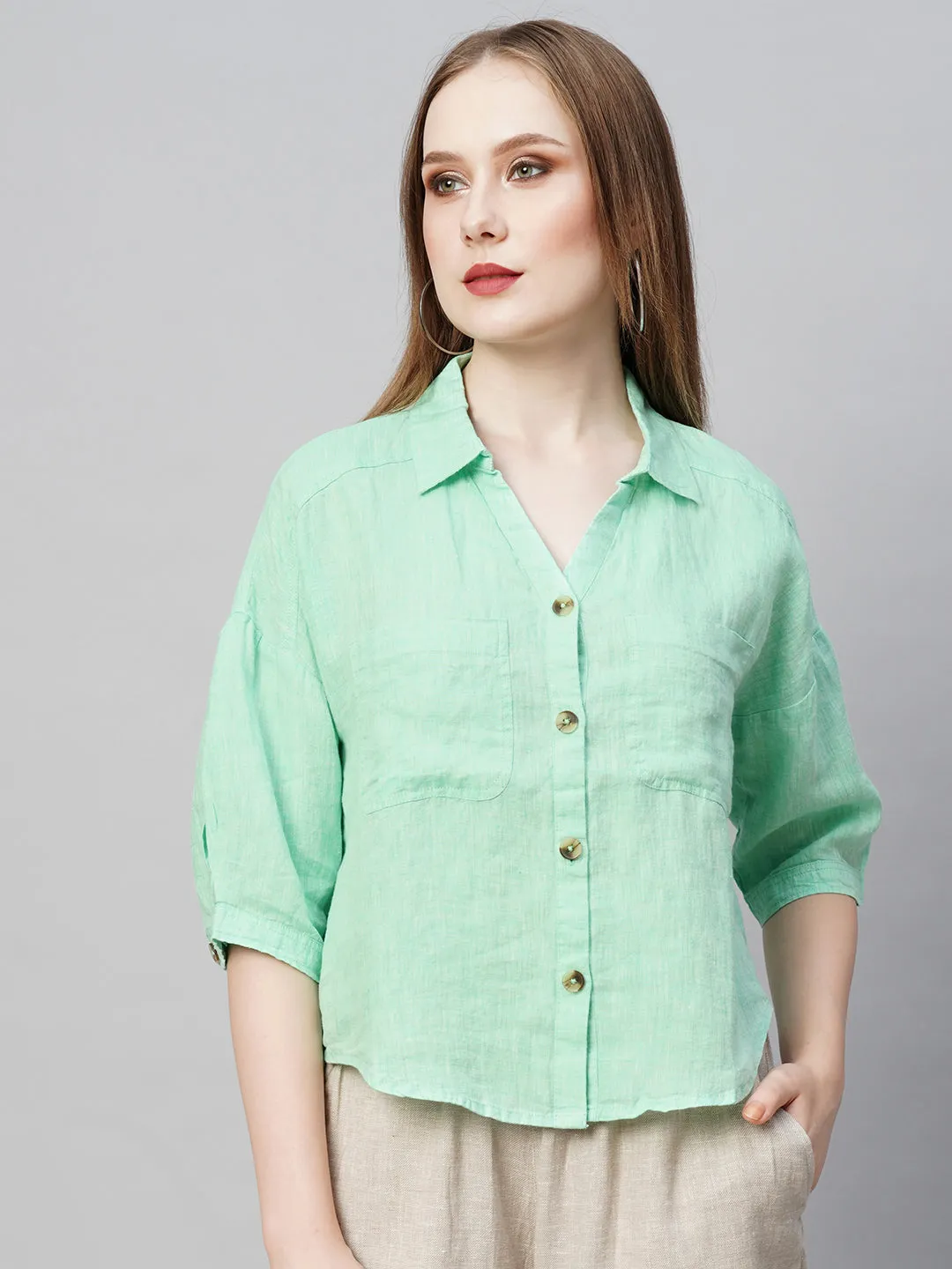 Women's Green Linen Loose Fit Blouse