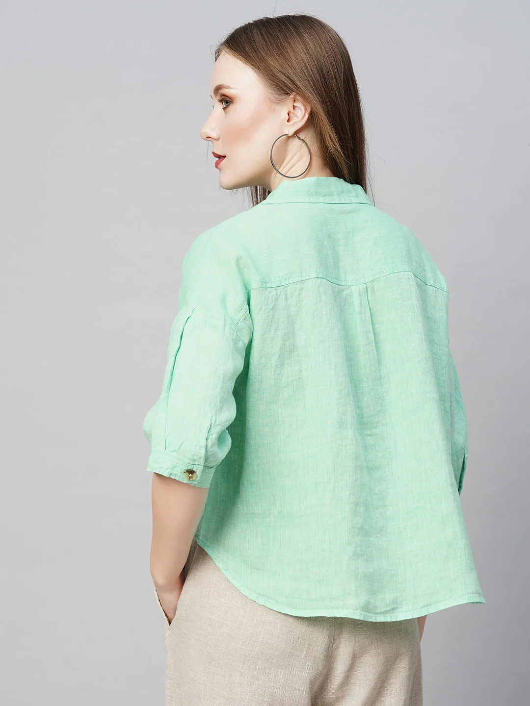 Women's Green Linen Loose Fit Blouse