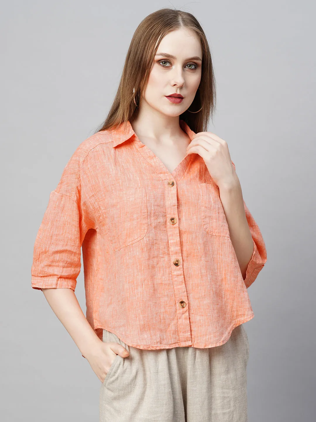 Women's Orange Linen Loose Fit Blouse