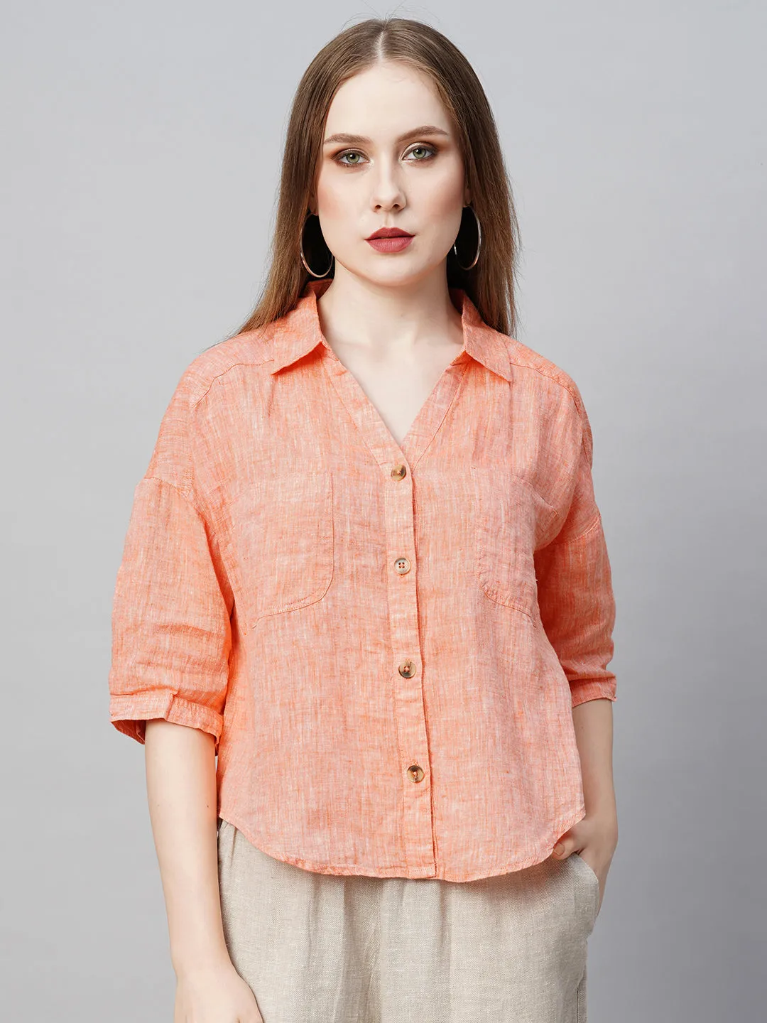 Women's Orange Linen Loose Fit Blouse