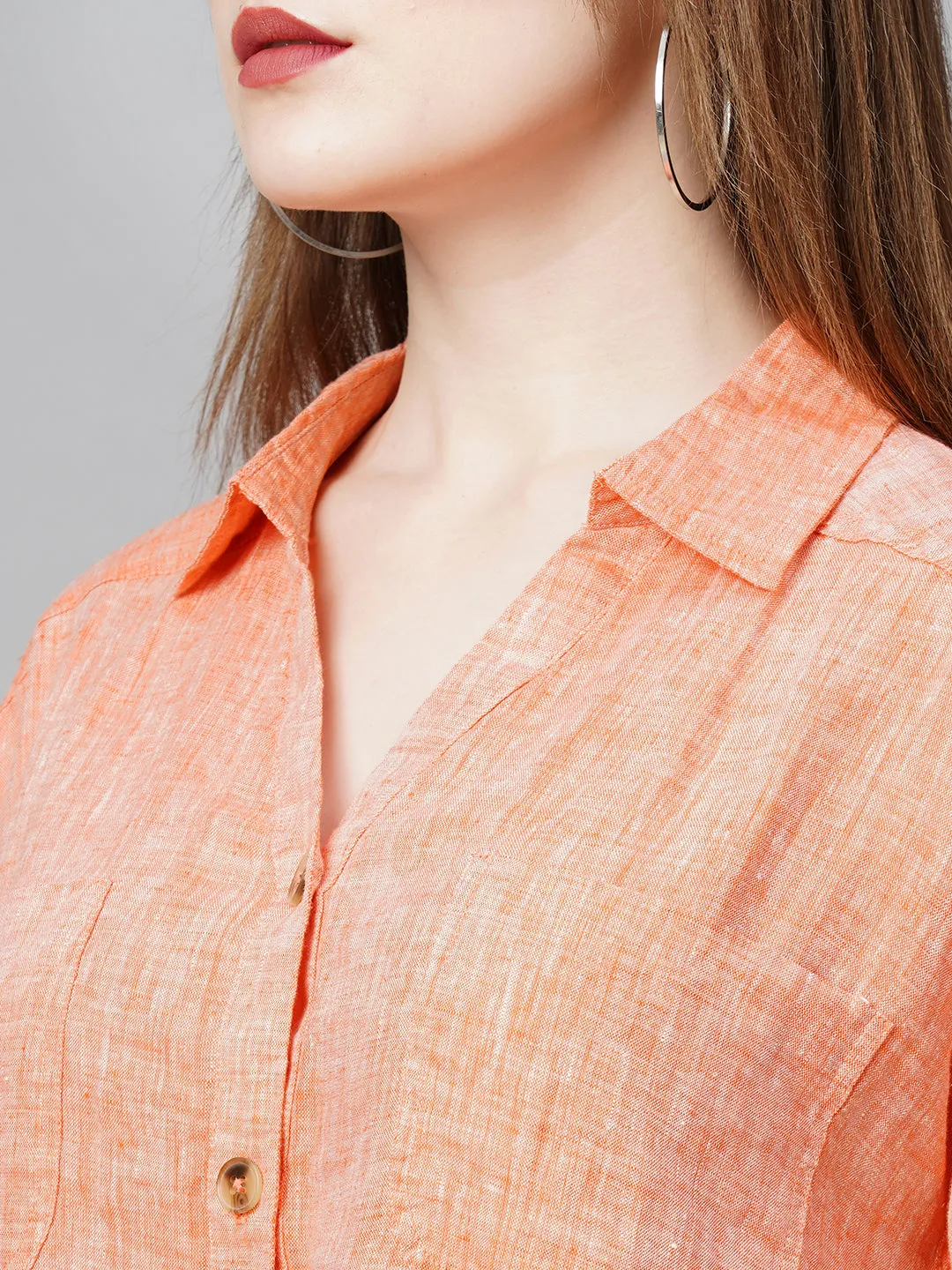 Women's Orange Linen Loose Fit Blouse