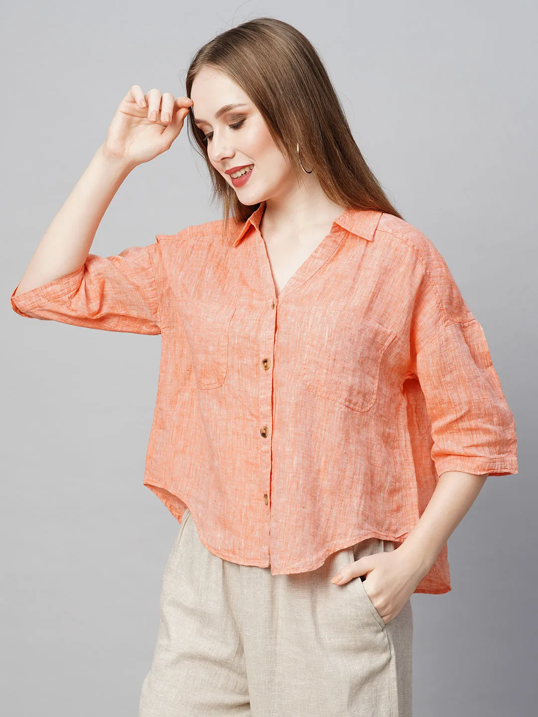 Women's Orange Linen Loose Fit Blouse