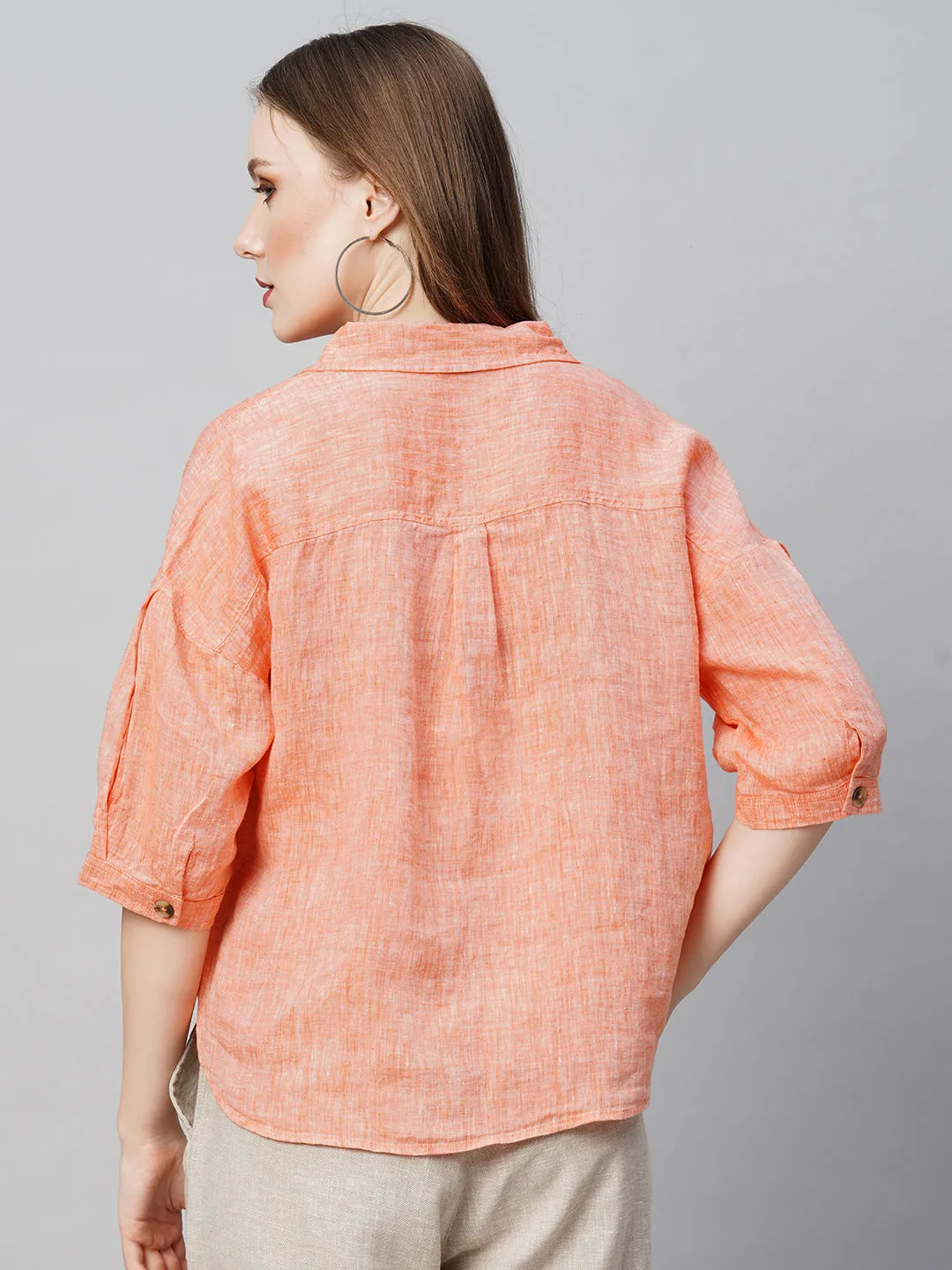 Women's Orange Linen Loose Fit Blouse