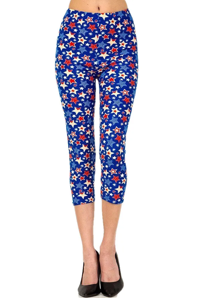 Women's Plus Blue Red Star American Flag Printed Cropped Capri Leggings