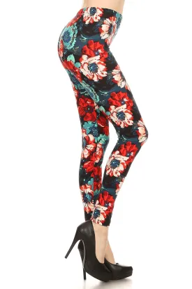 Women's Plus Red Blue Rose Pattern Printed Leggings