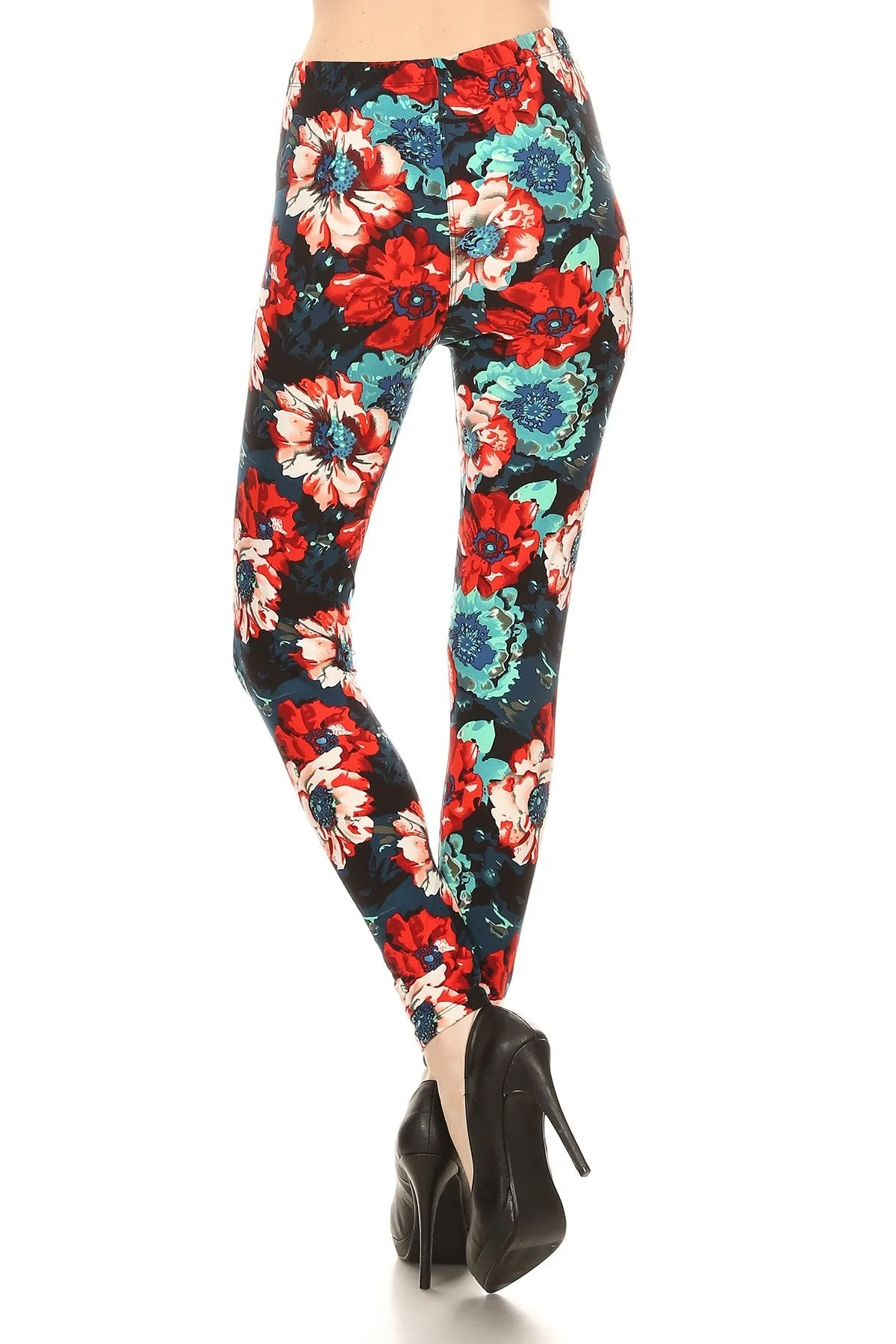 Women's Plus Red Blue Rose Pattern Printed Leggings