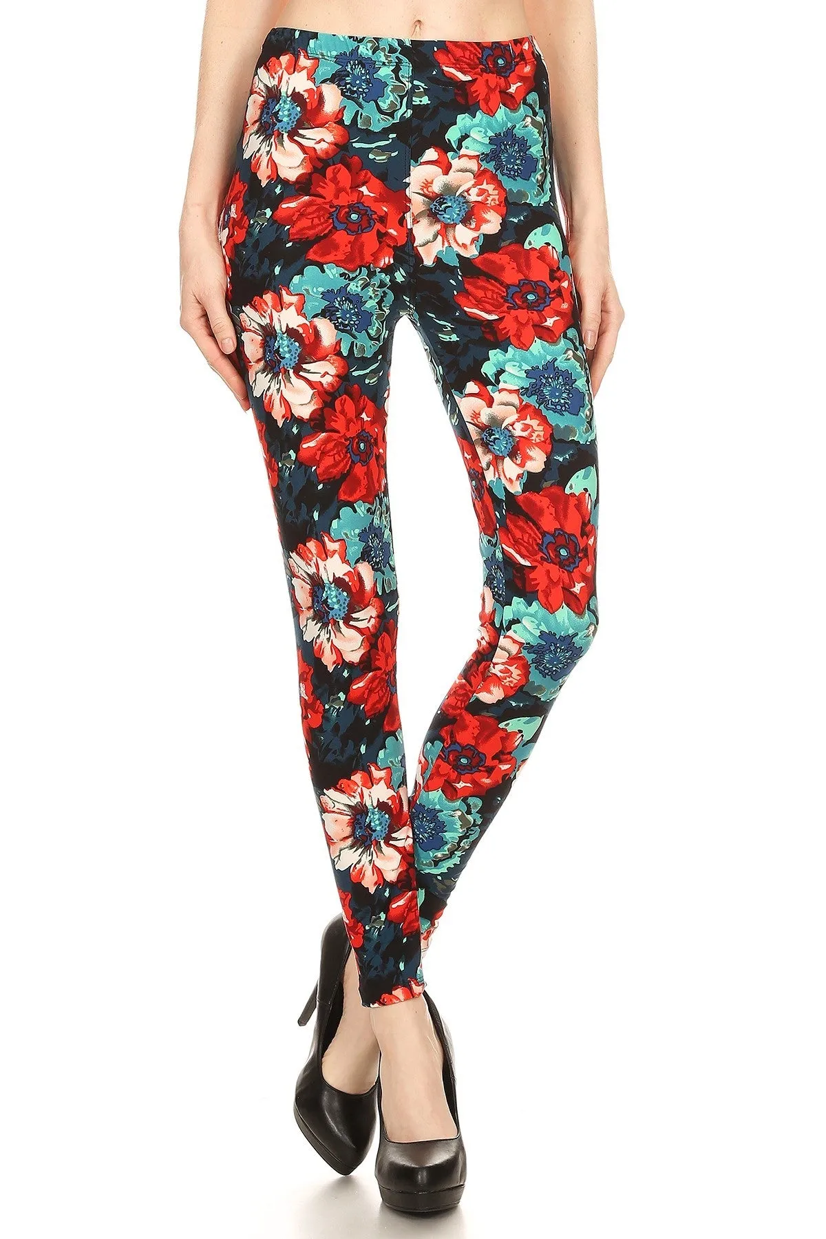 Women's Plus Red Blue Rose Pattern Printed Leggings