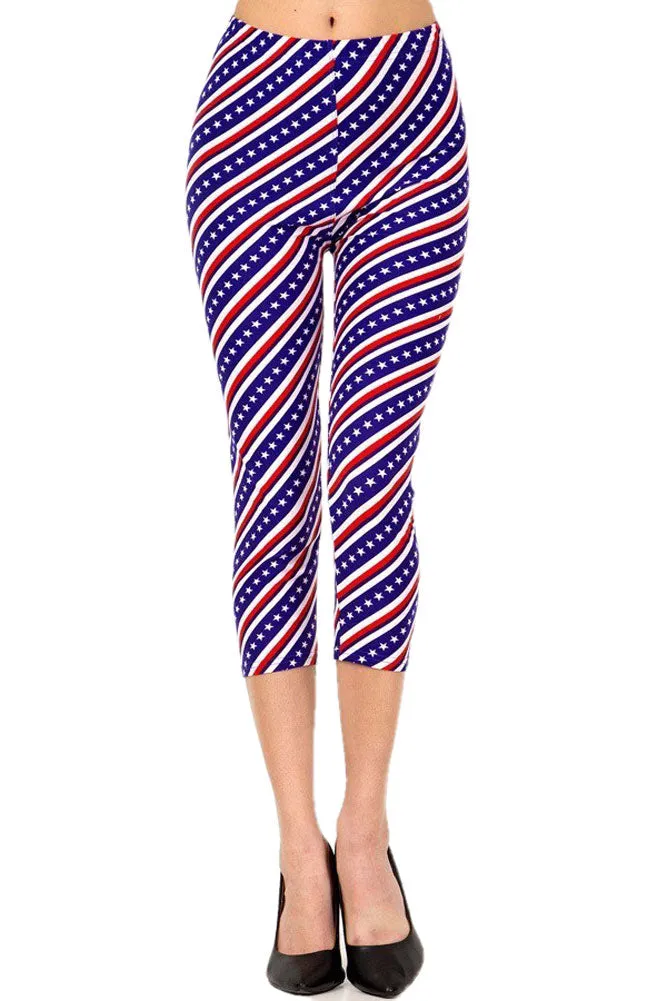 Women's Regular American Flag Diagonal Printed Cropped Capri Leggings