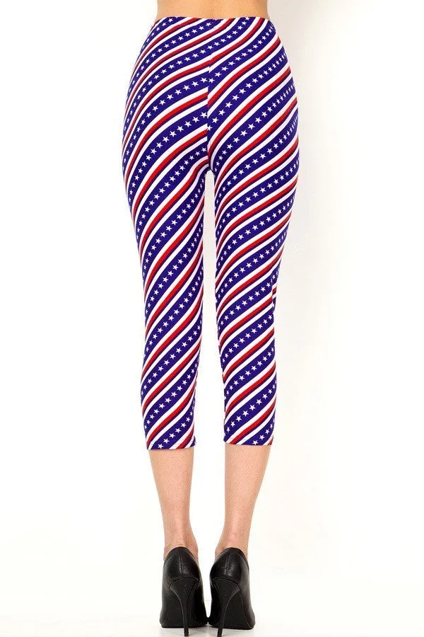 Women's Regular American Flag Diagonal Printed Cropped Capri Leggings