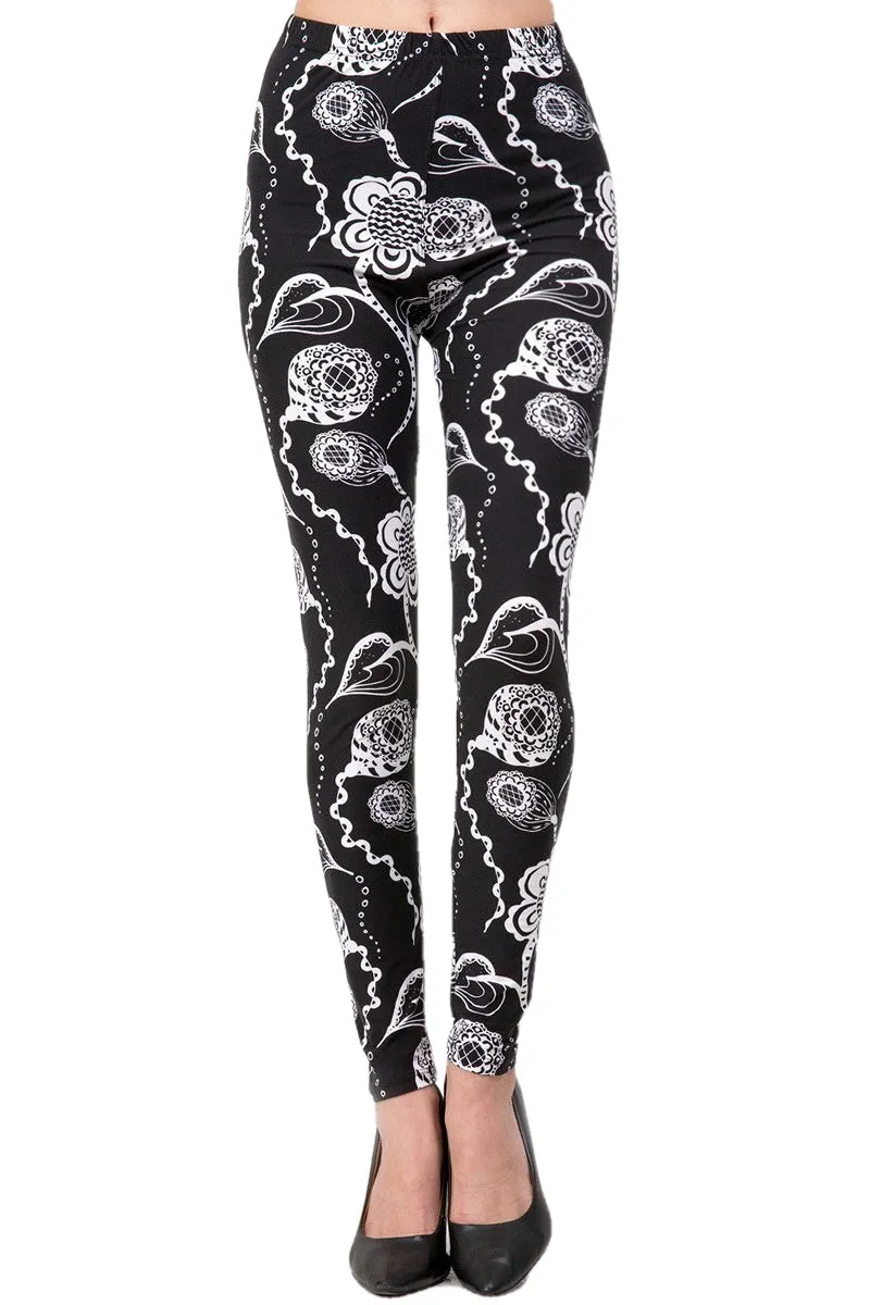 Women's Regular B&W Abstract Floral Pattern Printed Leggings