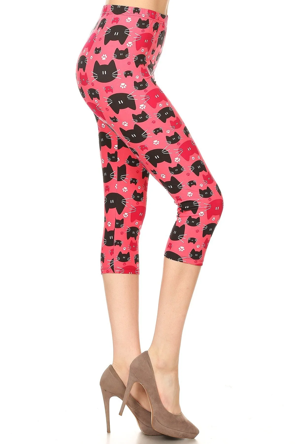 Women's Regular colorful Cat Faces Animal Printed Cropped Capri Leggings